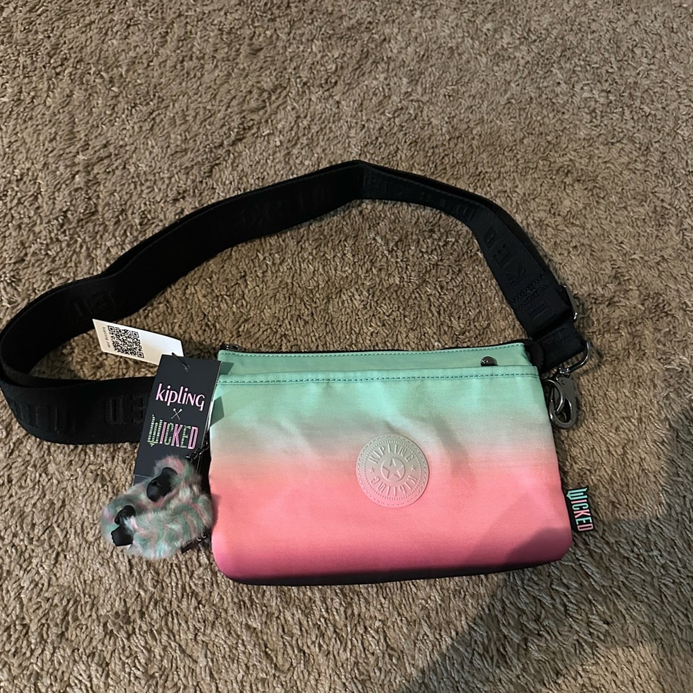 Kipling Wicked Riri Crossbody NWT has monkey keychain green pink ombré